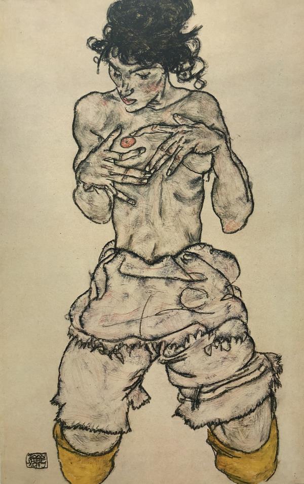 Egon Schiele - Half-naked on knees: Artist: Egon Schiele Title: Half-naked on knees Year: 1917 Dimensions: 16 1/4in. by 12 1/8in. Publisher: Mazzotta 1982 Suite: Erotic Drawings Medium