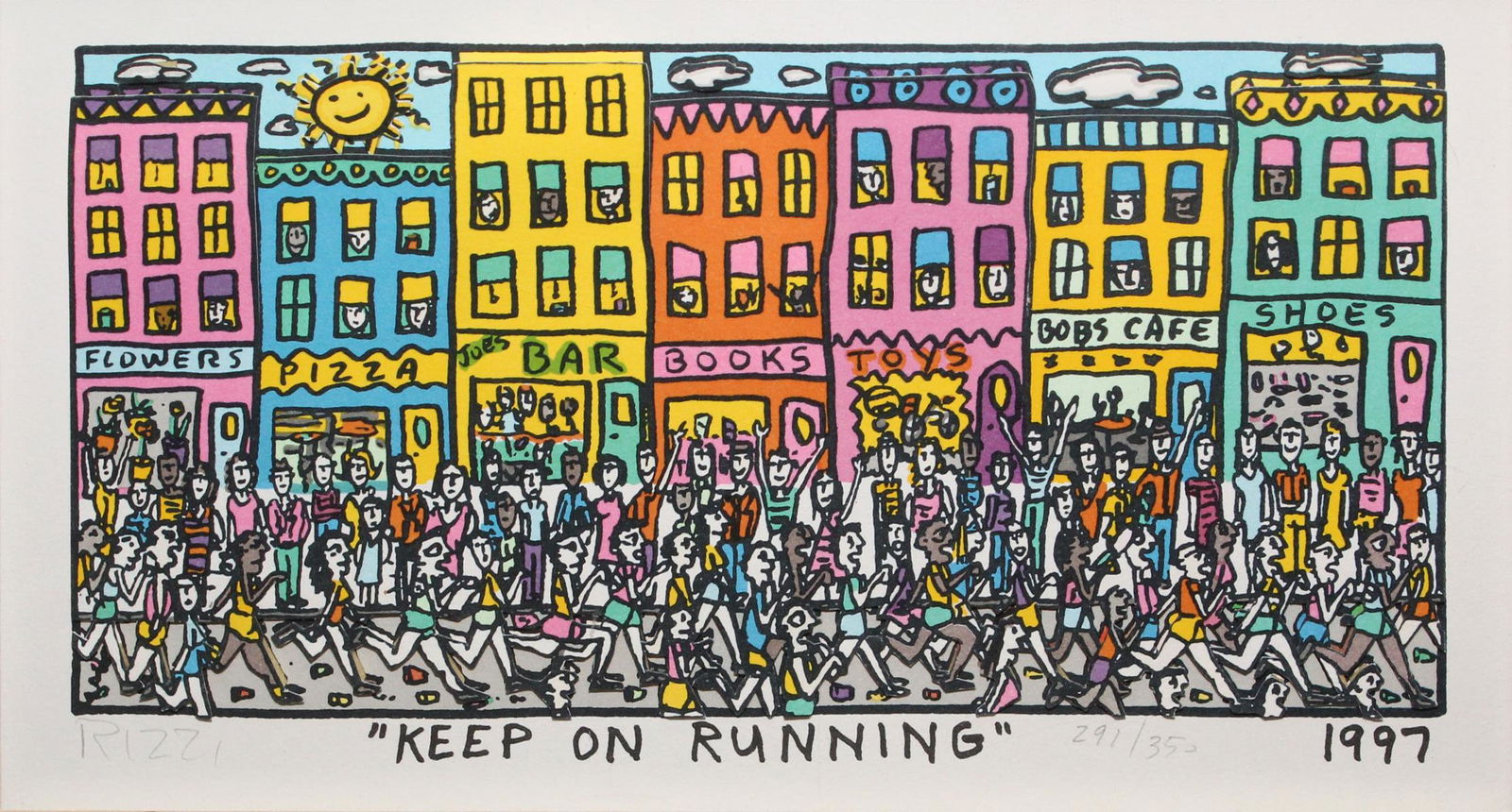 James Rizzi - Keep on Running: Artist: James Rizzi Title: Keep on Running Year: 1997 Dimensions: 12 in. by 6 1/4in. Edition: From the rare limited edition of 350 Medium: Original serigraphed