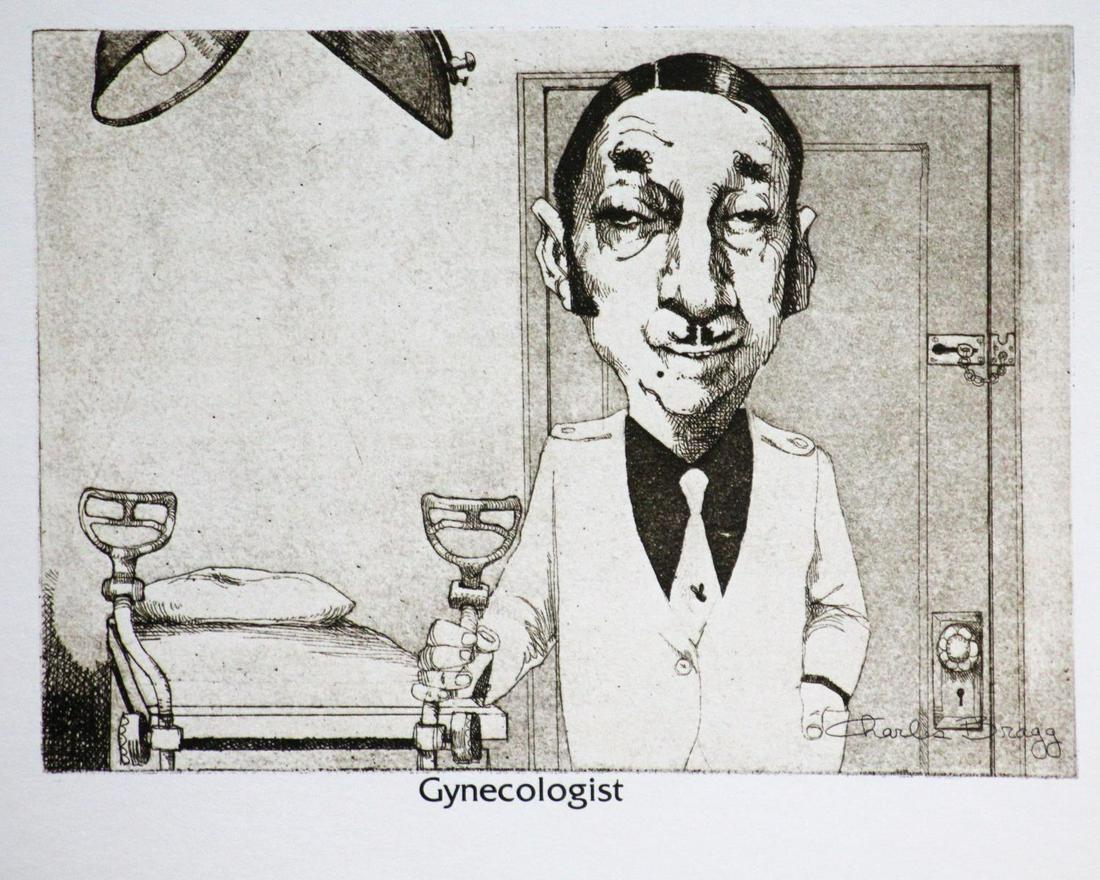 Charles Bragg - The Gynecologist: Artist: Charles Bragg Title: The Gynecologist Dimensions: 14.5in. by 11.5in. Edition: From the rare limited edition Publisher: Edward Weston Graphics Medium: Offset duotone