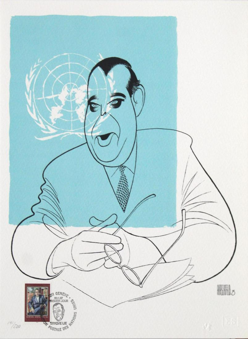 Al Hirschfeld - Trygve Lie: Artist: Al Hirschfeld Title: Trygve Lie Year: 1987 Dimensions: 8 1/2in. by 11in. Edition: From the rare limited edition of 500 Medium: Original lithograph on pa