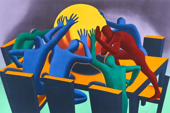 Mark Kostabi - Push: Artist: Mark Kostabi Title: Push Year: 1990 Dimensions: 26.25in. by 39in. Edition: 19 From the Rare Limitted Edition of 56 Medium: Original Serigraph on Paper</