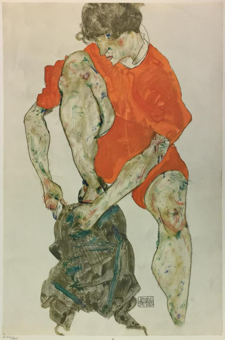 Egon Schiele (After) - Female Model in Flame Colored: Artist: Egon Schiele (After) Title: Female Model in Flame Colored Dress Year: 1969 Dimensions: 19 3/4in. by 14 1/4in. Edition: From the Rare Limited Edition of 300