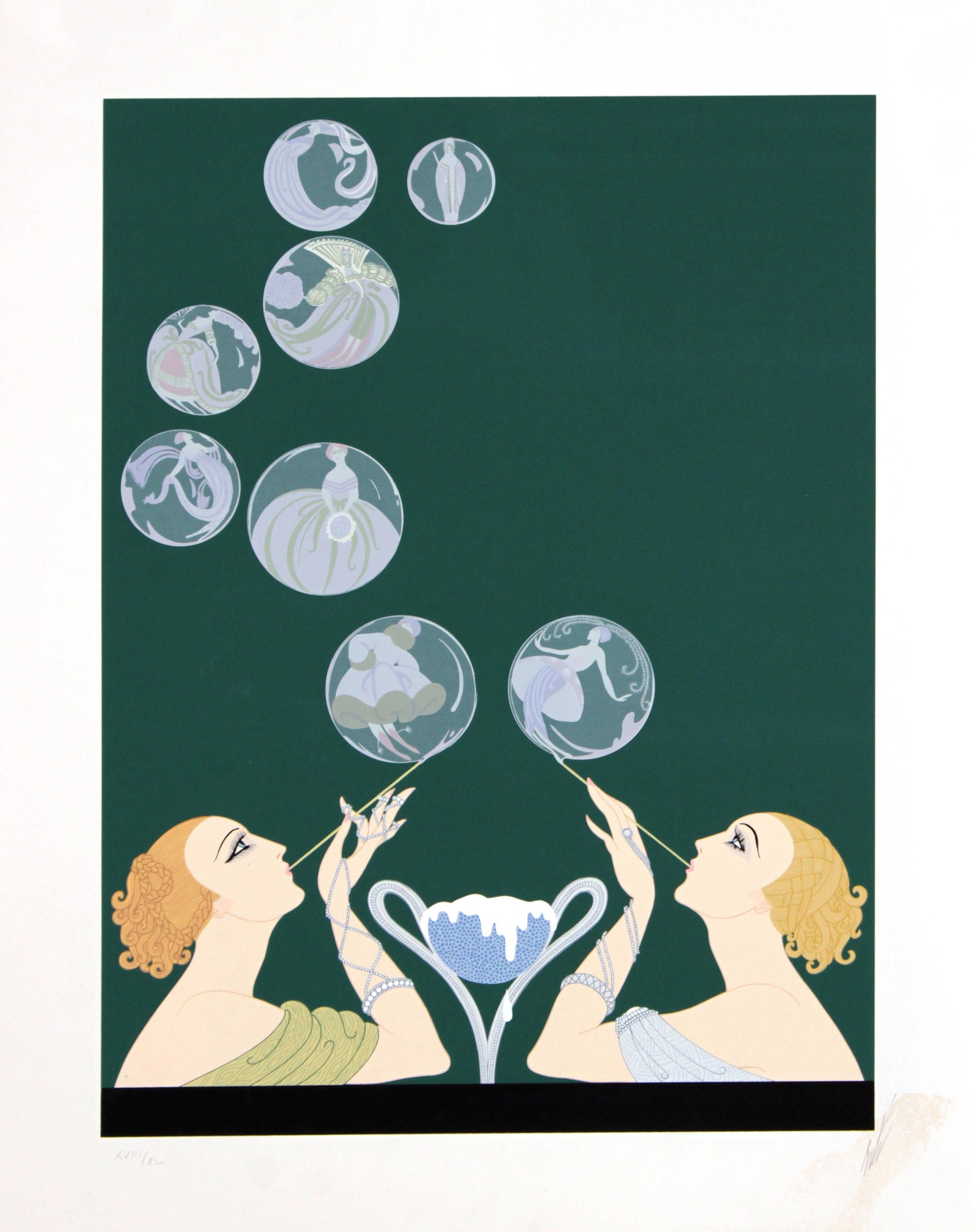 Erte - Bubbles: Artist: Erte Title: Bubbles Year: 1981 Dimensions: 30in. by 23.75in. Edition: XVII/XL Medium: Original serigraph on paper Condition: Excellent</
