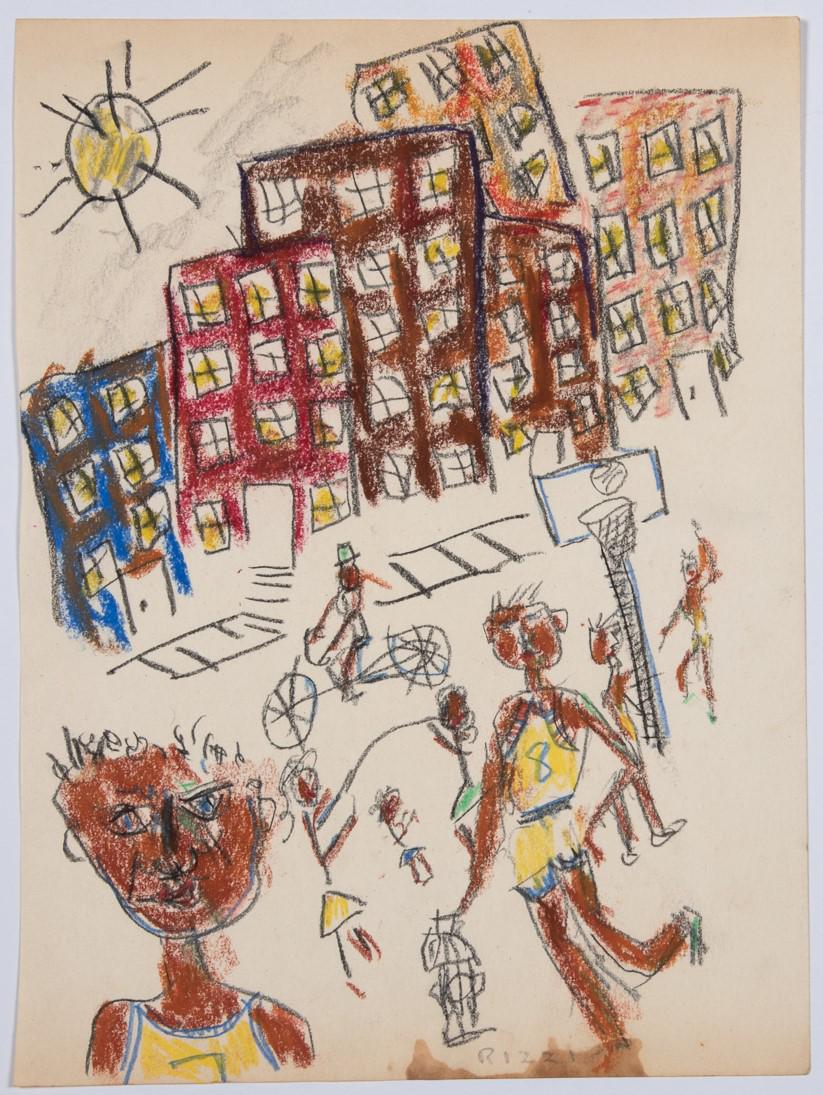 James Rizzi - Hoop Games: Artist: James Rizzi Title: Hoop Games Dimensions: 11in. by 8 1/8in. Edition: Unique one of a kind Artwork Medium: Pastel on Paper Condition: Excellent <