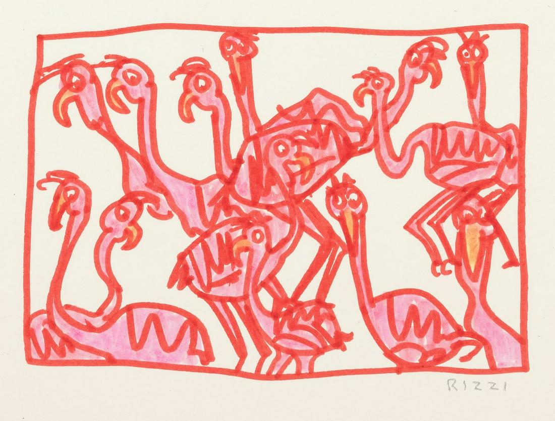 James Rizzi - Pink Flamingos a Dozen: Artist: James Rizzi Title: Pink Flamingos a Dozen Dimensions: 5 1/2in. by 8 1/2in. Edition: Unique one of a kind Artwork Medium: Felt Pen on Paper Condition: Ex