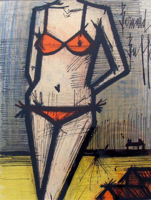 Bernard Buffet - Orange Bikini: Artist: Bernard Buffet Title: Orange Bikini Year: 1968 Dimensions: 9.5in. by 12.25in. Edition: From the rare limited edition Publisher: Mourlot Freres <