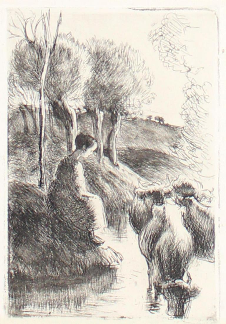 Camille Pissarro - Vachere au bord de l'eau: Artist: Camille Pissarro Title: Vachere au bord de l'eau Year: 1890 Dimensions: 6.5in. by 9in. Edition: From the rare limited edition Medium: Original etching w