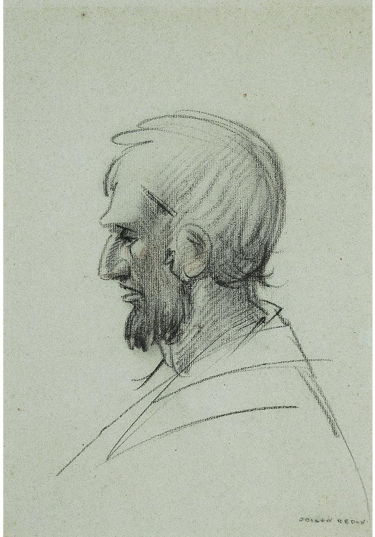 Odilon Redon - Man in Profile: Artist: Odilon Redon Title: Man in Profile Dimensions: 11 3/8in. by 8 7/8in. Edition: Unique One of a Kind Artwork Medium: Charcoal and Red Chalk on Tinted Paper Co