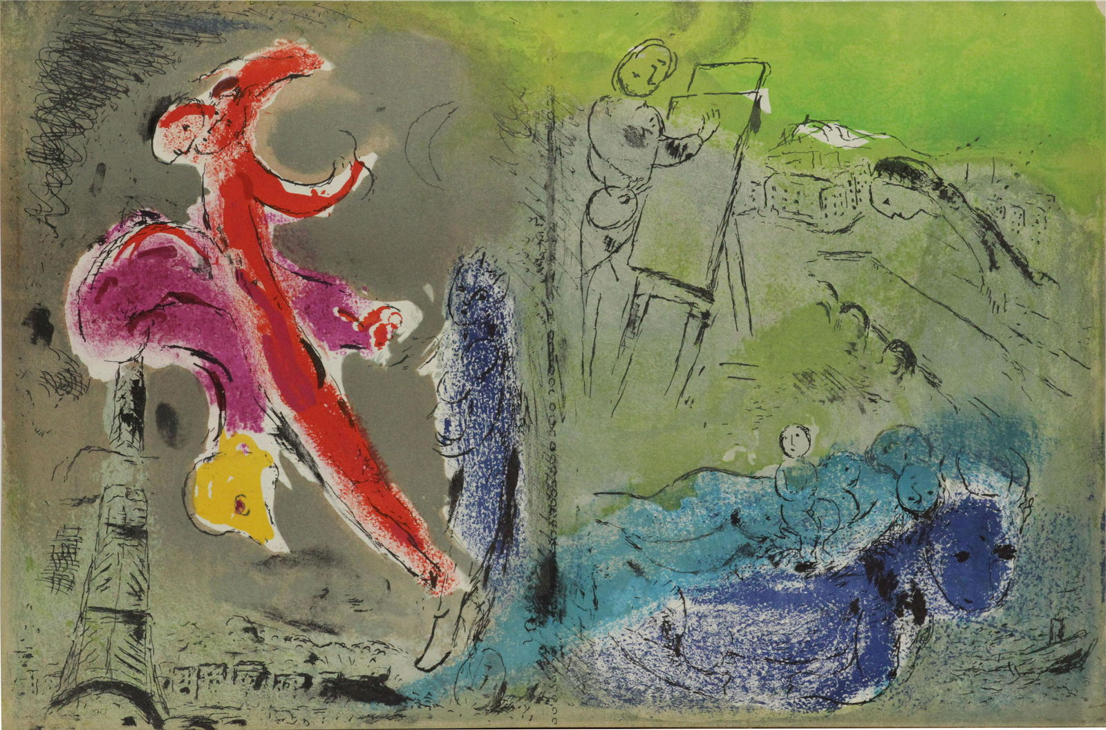Marc Chagall - Vision von Paris: Artist: Marc Chagall Title: Vision von Paris Year: 1952 Dimensions: 14in. by 21in. Edition: From the rare limited edition Publisher: Teriade Paris Dec 1952.
