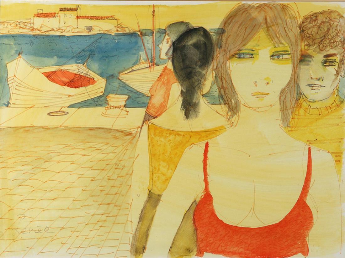 Charles Levier - Young Ladies on Pier: Artist: Charles Levier Title: Young Ladies on Pier Dimensions: 12in. by 16in. Edition: A unique and original work of art Medium: Original watercolor on paper Condit