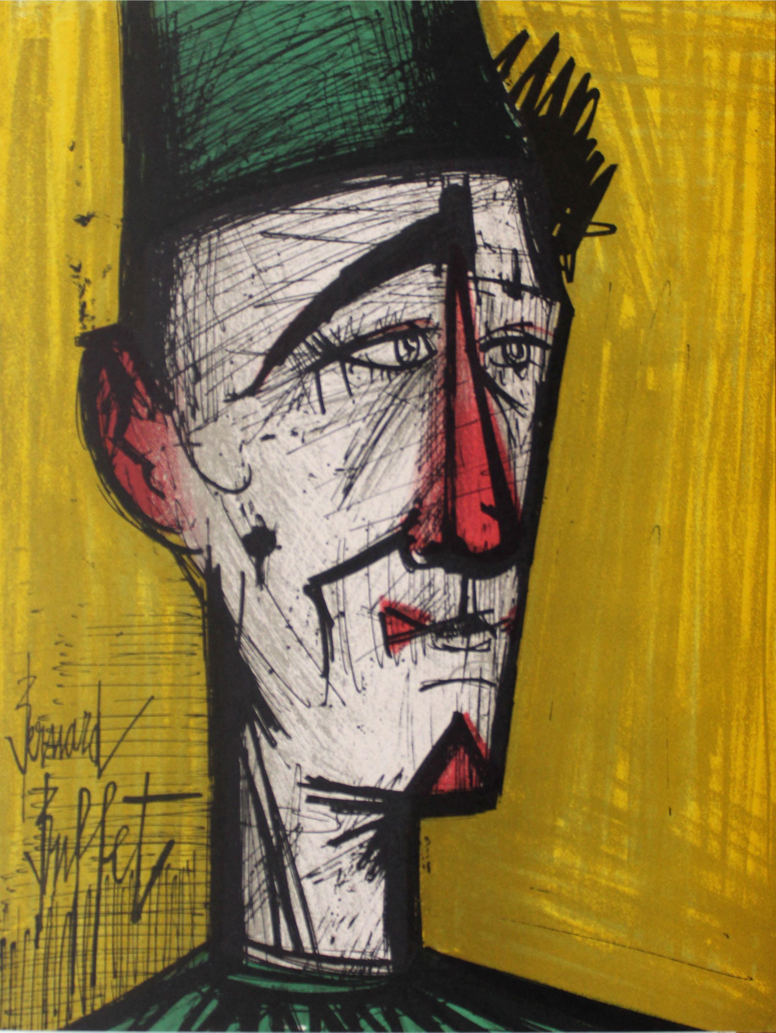 Bernard Buffet - Clown on Yellow Background: Artist: Bernard Buffet Title: Clown on Yellow Background Year: 1968 Dimensions: 9.5in. by 12.25in. Edition: From the rare limited edition Publisher: Mourlot Fre