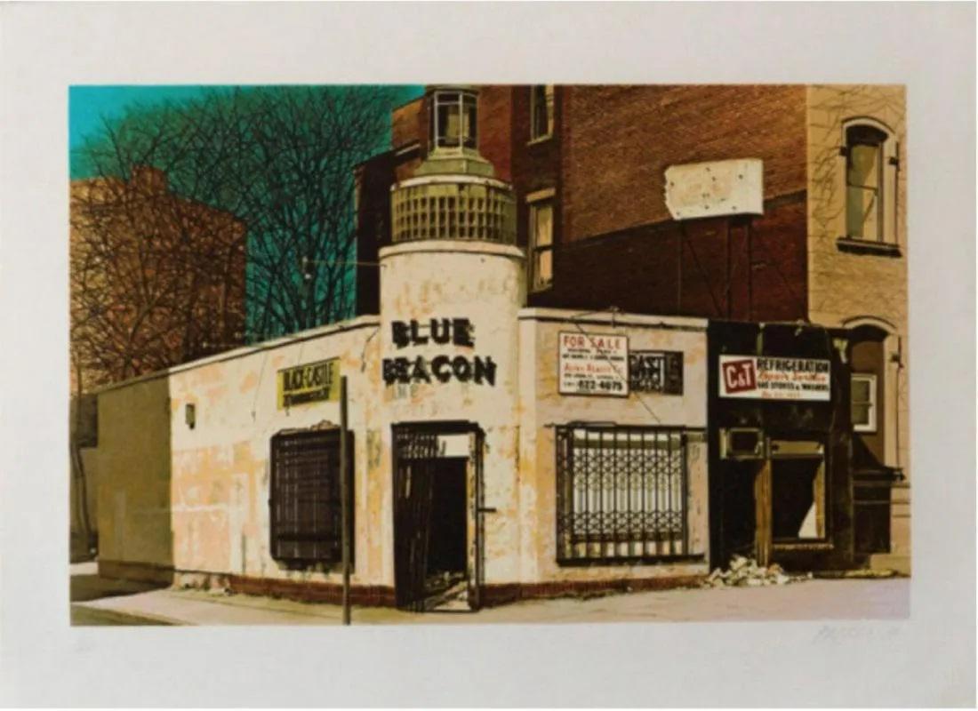 John Baeder - Blue Beacon: Artist: John Baeder Title: Blue Beacon Year: 1980 Dimensions: 22in. by 30in. Edition: From the Rare Limited Edition of 250 Medium: Screenprint in Colors