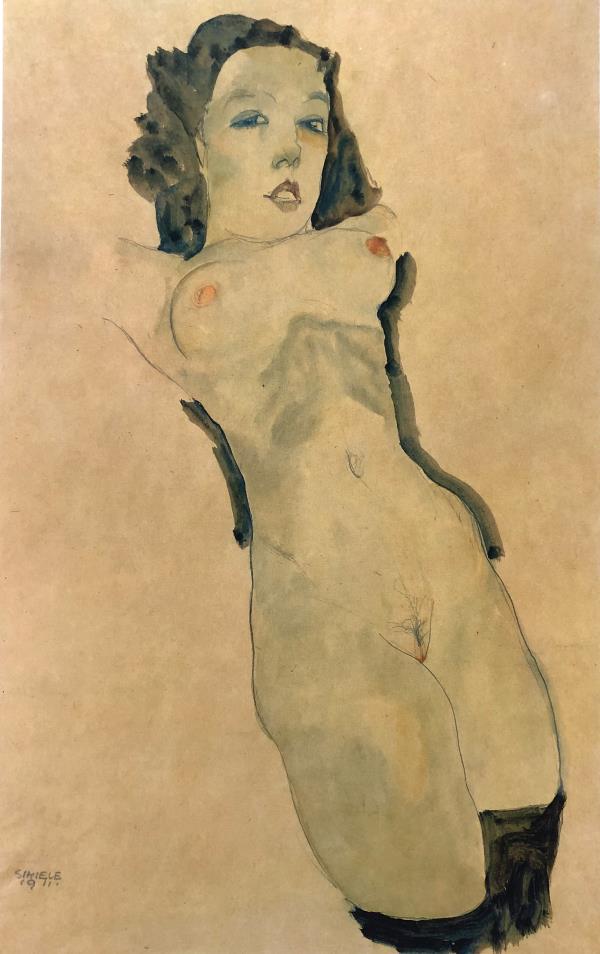 Egon Schiele (After) - lying naked with black stockings: Artist: Egon Schiele (After) Title: lying naked with black stockings 1911 Year: 1982 Dimensions: 16 1/4in. by 12 1/8in. Publisher: Mazzotta 1982 Suite: Erotic
