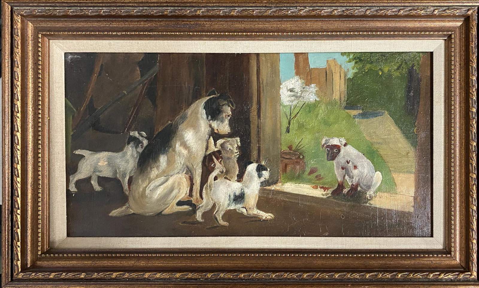 Aaron Bohrod - Dogs by the Window Sill: Artist: Aaron Bohrod Title: Dogs by the Window Sill Dimensions: 20in. by 12in. Edition: Original One-of-a-kind piece Medium: Original Oil on Canvas Condition: A
