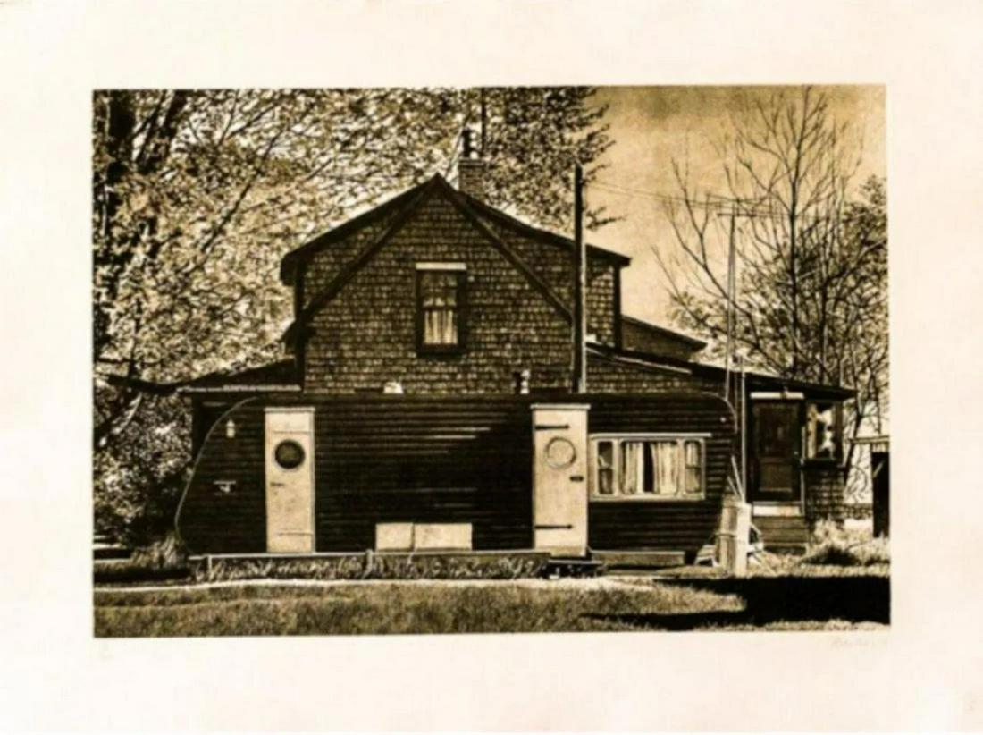 John Baeder - House with Trailer: Artist: John Baeder Title: House with Trailer Year: 1979 Dimensions: 22in. by 30in. Edition: From the Rare Limited Edition of 250 Medium: Etching on Paper <
