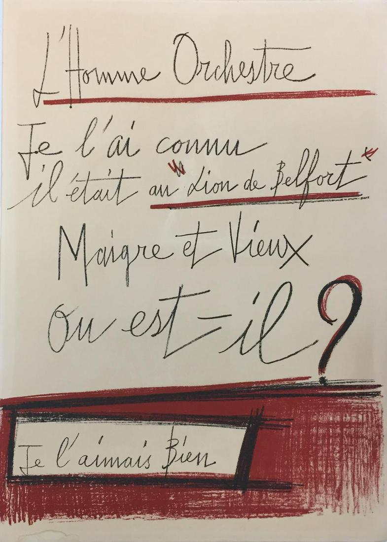 Bernard Buffet - L'homme Orchestre Title Sheet: Artist: Bernard Buffet Title: L'homme Orchestre Title Sheet Year: 1968 Dimensions: 28in. by 20in. Edition: From the rare limited edition Publisher: Editions Fer