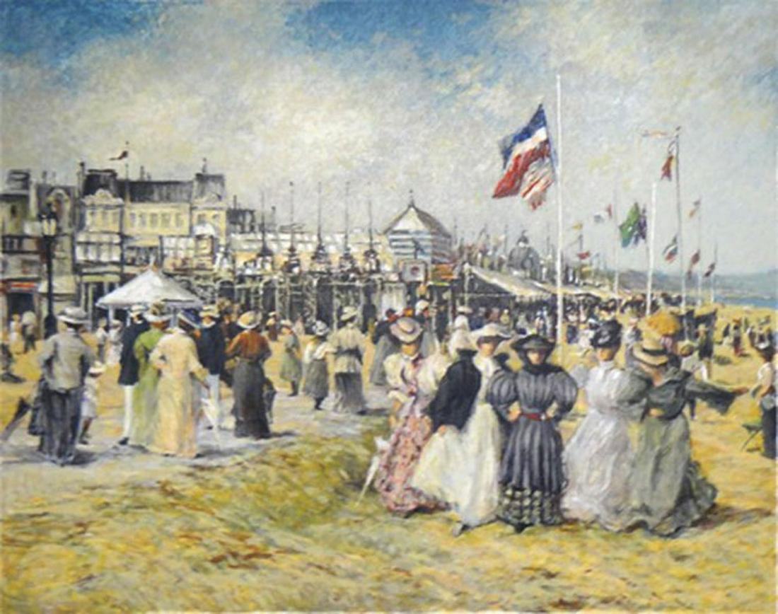 Patrick Ryan (Henri Plisson) "Beach at Trouville": Artist: Patrick Ryan (Henri Plisson) Title: Beach at Trouville Year: 1981 Medium: Original serigraph in colors on paper Edition: From the limited edition of 350 Size: 24" x 30" (image) Signature