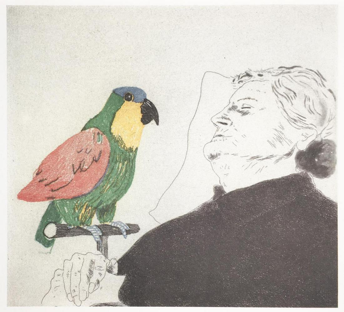 David Hockney - My Mother with a Parrot: Artist: David Hockney Title: My Mother with a Parrot Year: 1990 Dimensions: 13 1/2in. x 9 1/4in./li> Edition: From the Rare Limited Edition Publisher: Credit Lyonnai