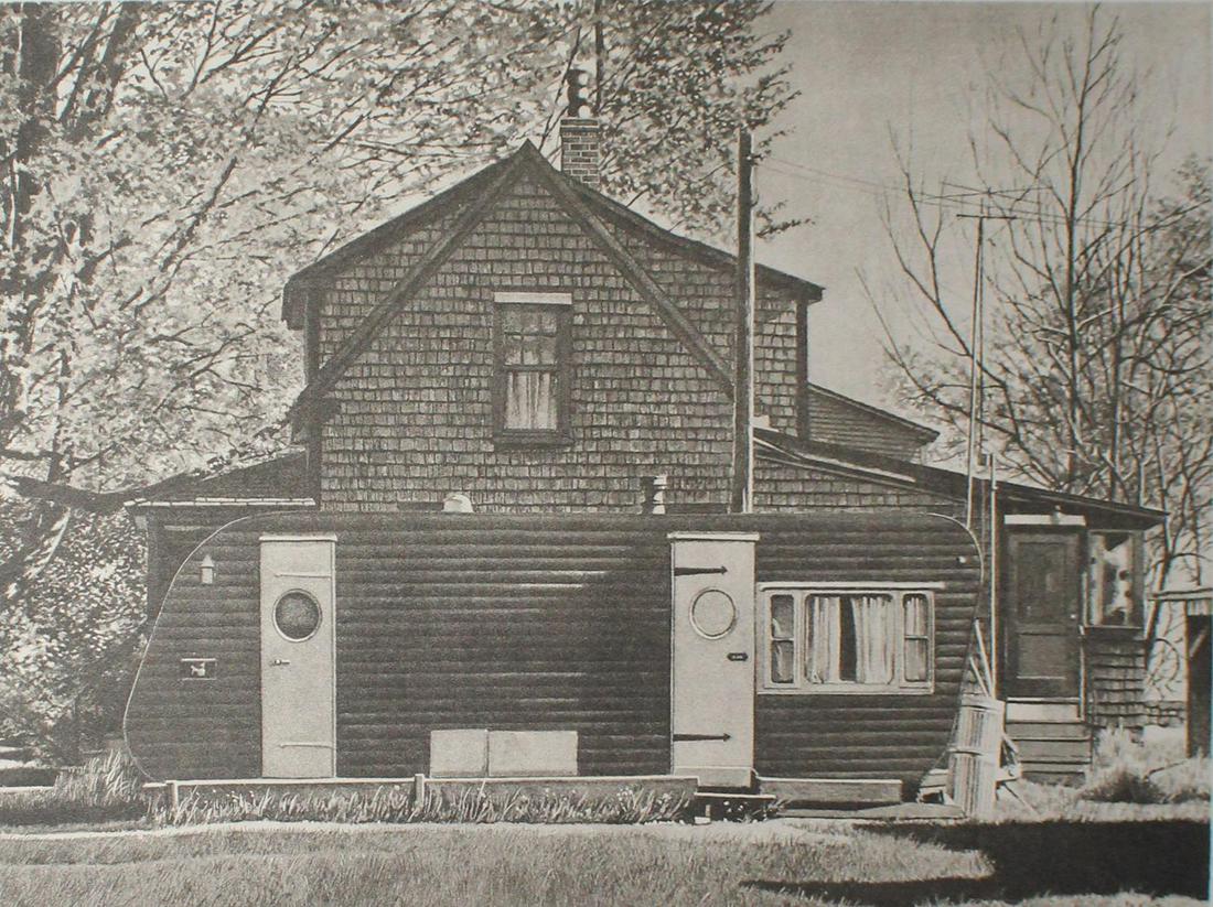 John Baeder - House with Trailer: Artist: John Baeder Title: House with Trailer Year: 1979 Dimensions: 22.5in. by 30in. Edition: From the rare limited edition Medium: Original etching on paper Cond