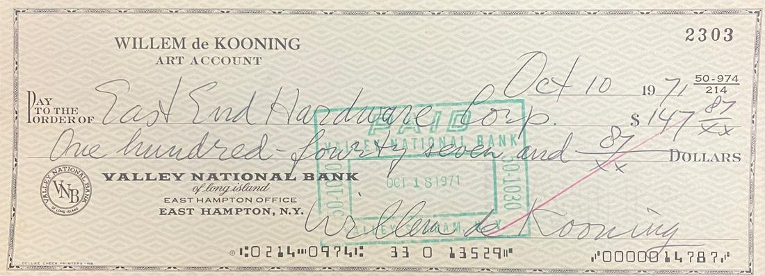 Willem De Kooning - Signed Check from Willem de Kooning 5: Artist: Willem De Kooning Title: Signed Check from Willem de Kooning 5 Year: 1971 Dimensions: 8in. by 2 3/4in. Medium: Paper check with artist signature Condition:<