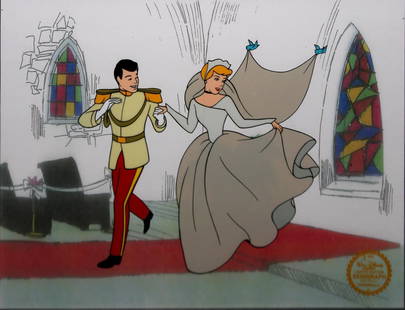 Disney - Cinderella & Prince Charming Serigraph Cel: Artist: Disney Title: Cinderella & Prince Charming Serigraph Cel Dimensions: 13.2in. by 16in. Edition: From the rare limited edition Publisher: Walt Disney Co. Medi