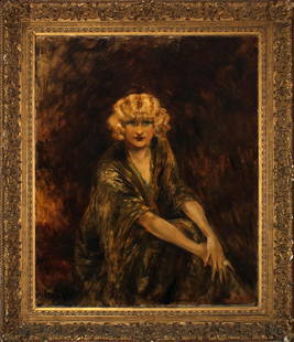 Louis Icart Portrait de Fanny Icart: Artist: Louis IcartTitle: Portrait de Fanny IcartYear: 1935Dimensions: 31 1/2in. by 39in.Edition: A unique and original work of artMedium: Original oil on canvasCondition: ExcellentSignature Details: