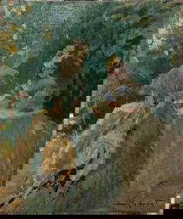 Louis Icart - Le The au Jardin: Artist: Louis Icart Title: Le The au Jardin Dimensions: 21 3/4in. by 18 1/4in. Edition: Unique Original One of a Kind Artwork Medium: Original oil on canvas Conditi
