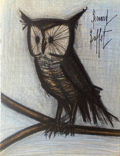 Bernard Buffet - Owl: Artist: Bernard Buffet Title: Owl Year: 1968 Dimensions: 9.5in. by 12.25in. Edition: From the rare limited edition Publisher: Mourlot Freres Medium:<