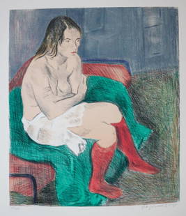 Raphael Soyer - Seated Women Pink Socks: Artist: Raphael Soyer Title: Seated Women Pink Socks Year: 1978 Dimensions: 29.5in. by 21.5in. Edition: 100 From the rare limited edition 300 Medium: Original l