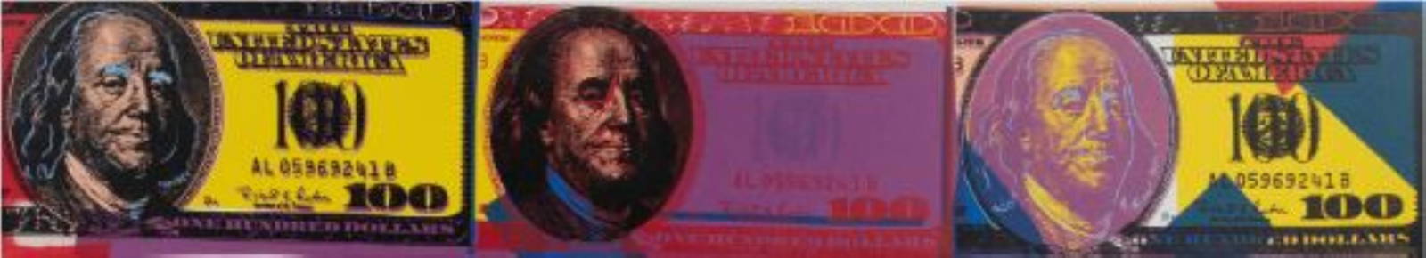 Steve Kaufman - New 100$ Bill: Artist: Steve Kaufman Title: New 100$ Bill Dimensions: 8.5in. by 46.5in. Edition: From the rare limited edition of 200 Medium: Screenprint in colors on canvas Condi