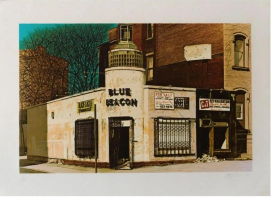 John Baeder - Blue Beacon: Artist: John Baeder Title: Blue Beacon Year: 1980 Dimensions: 22in. by 30in. Edition: From the Rare Limited Edition of 250 Medium: Screenprint in Colors