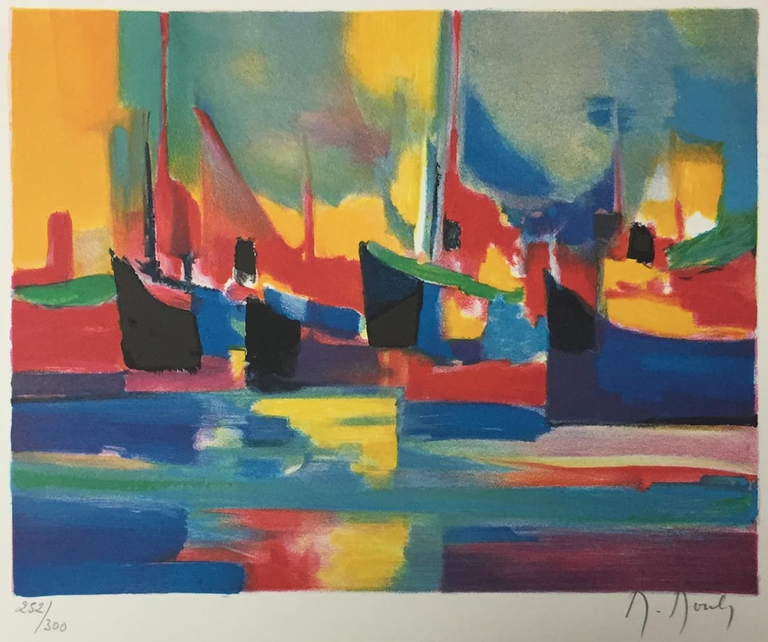 Marcel Mouly - Boutres Au Dubai: Artist: Marcel Mouly Title: Boutres Au Dubai Dimensions: 23 1/4in. by 31 3/4in. Edition: From the rare limited edition of 300 Medium: Original lithograph in colors on paper