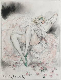 Louis Icart - Felecia in Pink Original Watercolor: Artist: Louis Icart Title: Felecia in Pink Original Watercolor Year: 1947 Dimensions: 11in. by 8.5in. Edition: Unique One of a Kind Artwork Suite: Felecia ou Me