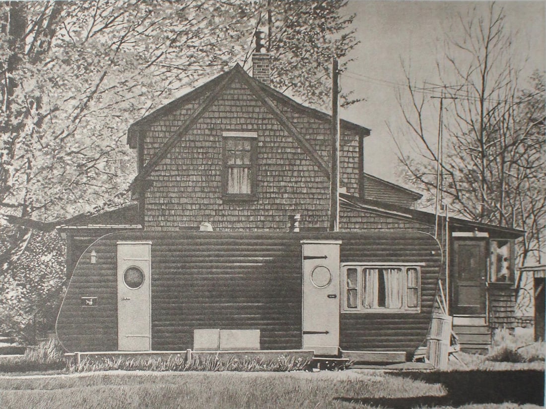 John Baeder - House with Trailer: Artist: John Baeder Title: House with Trailer Year: 1979 Dimensions: 22.5in. by 30in. Edition: From the rare limited edition Medium: Original etching on paper Cond