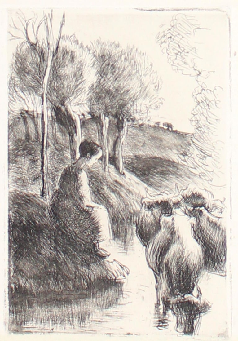 Camille Pissarro - Vachere au bord de l'eau: Artist: Camille Pissarro Title: Vachere au bord de l'eau Year: 1890 Dimensions: 6.5in. by 9in. Edition: From the rare limited edition Medium: Original etching w