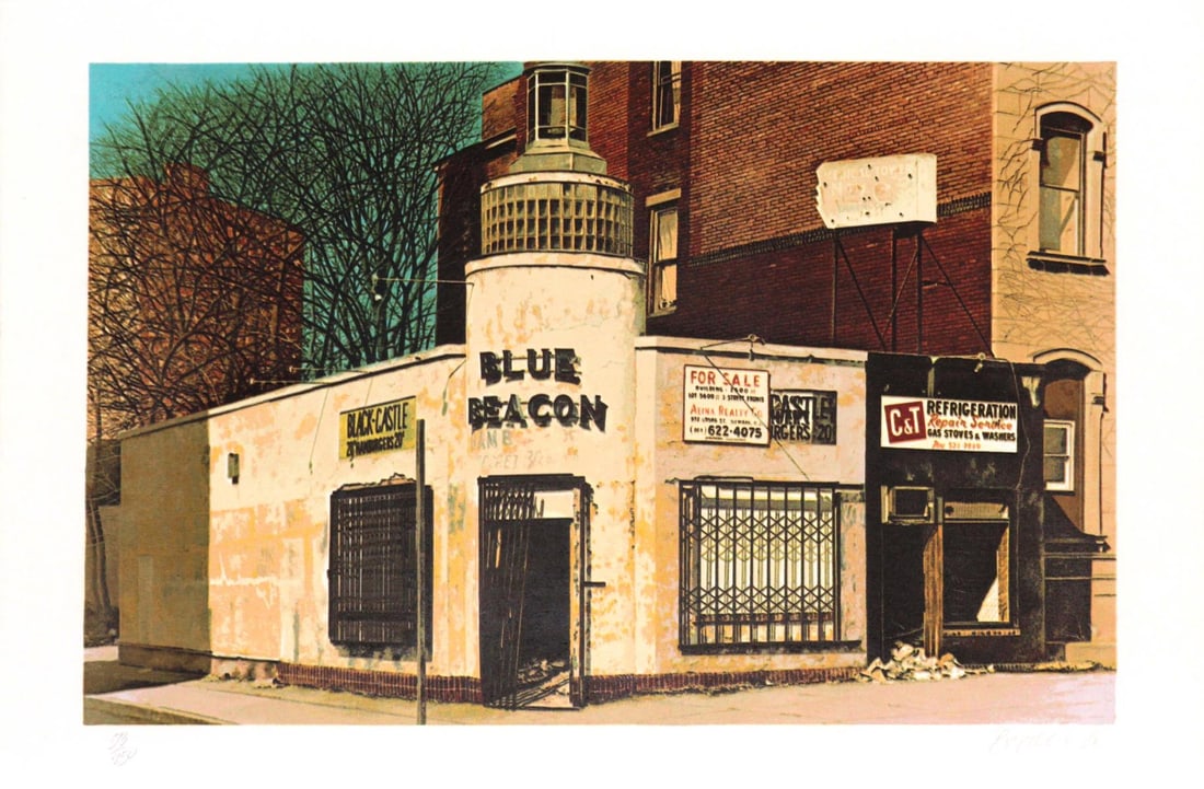 John Baeder - Blue Beacon: Artist: John Baeder Title: Blue Beacon Year: 1980 Dimensions: 22in. by 30in. Edition: From the rare limited edition Medium: Original serigraph on Somerset pape