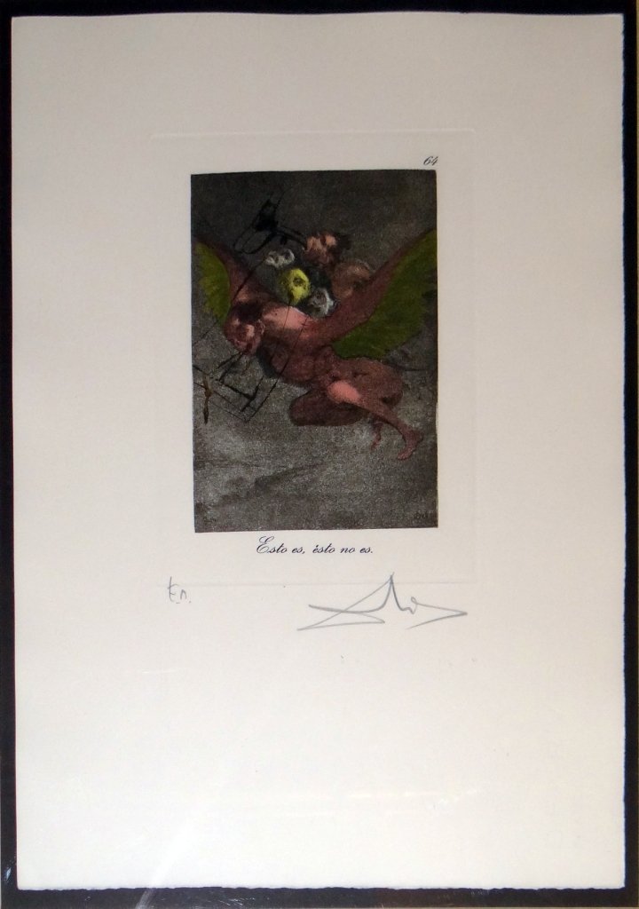 Salvador Dali from "Les Caprices de Goya": Original color etching, with aquatint, on BFK Rives paper. 1975. 17.25" x 12.25" Hand signed in pencil. EA from a limited edition. Authenticated by the Salvador Dali Archives. COA provided. Guaranteed