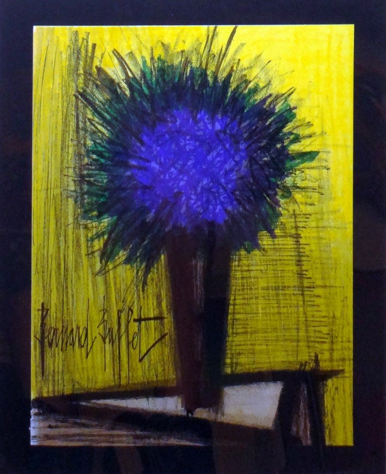 Bernard Buffet - "The Purple Bouquet of Flowers": Original lithograph in colors 1967 12 1/4" x 9 1/2" Signed in the plate From a rare limited edition COA provided. Guaranteed authentic