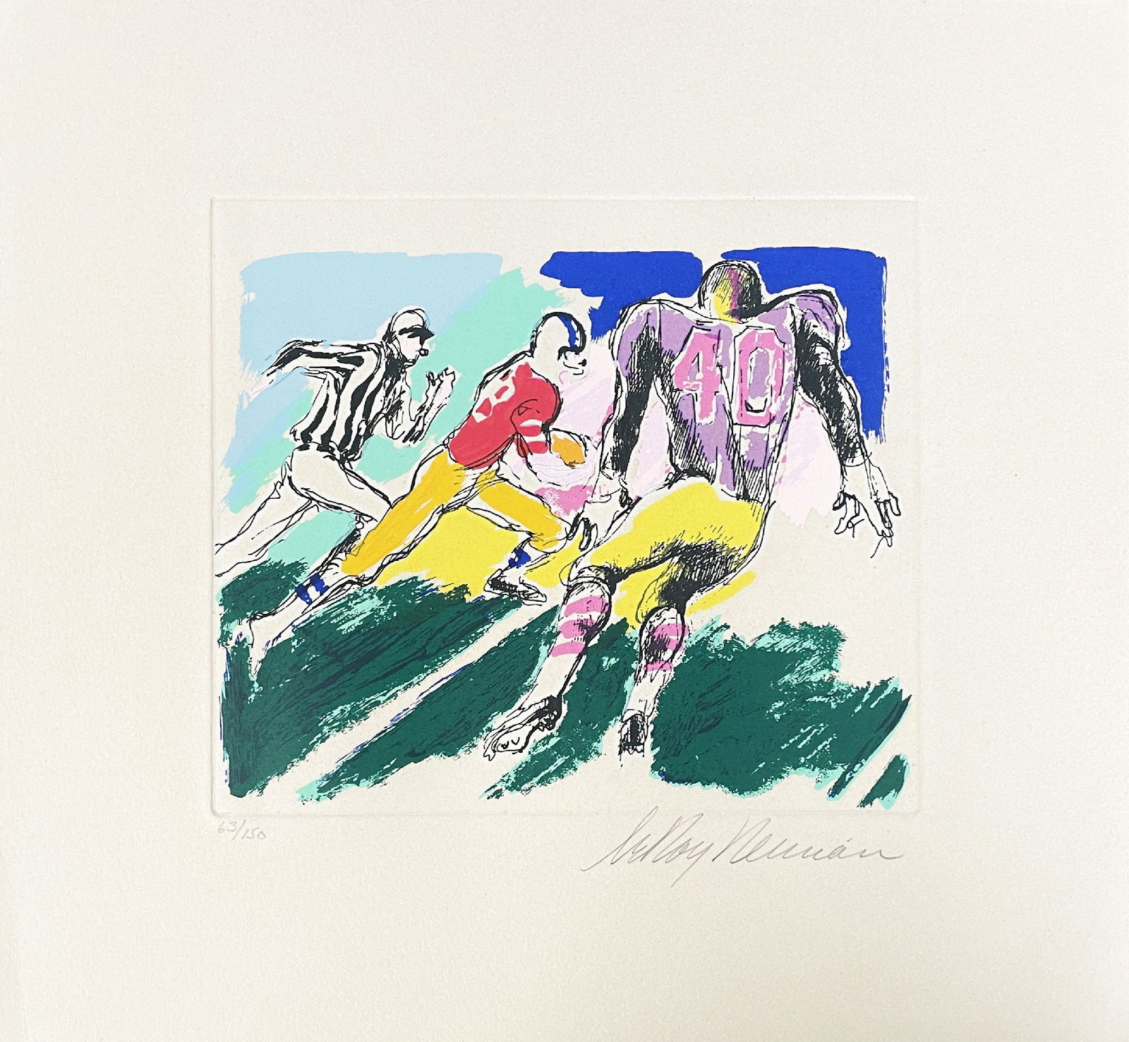 Leroy Neiman - Football 10: Artist: Leroy Neiman Title: Football 10 Year: 1972 Dimensions: 12 3/4 x 13 1/2 in. Edition: From the rare limited edition of 150 Medium: Original lithograph on