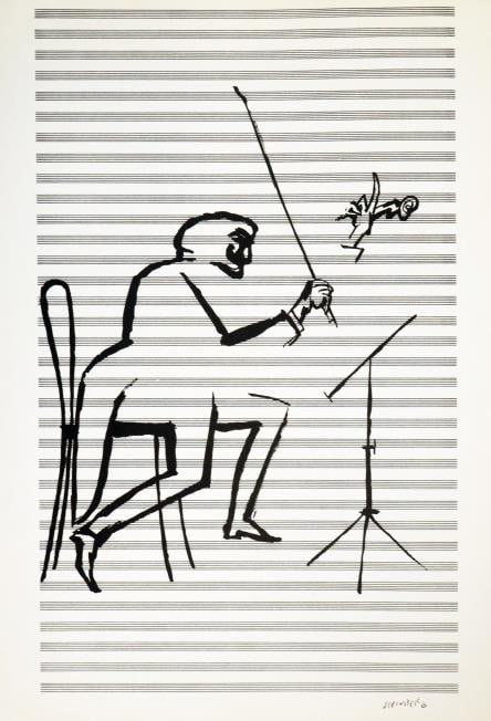 Saul Steinberg - The Composer: Artist: Saul Steinberg Title: The Composer Year: 1953 Dimensions: 11in. by 15in. Edition: From the rare limited artist edition Suite: Derriere Le Miroir 53-54<