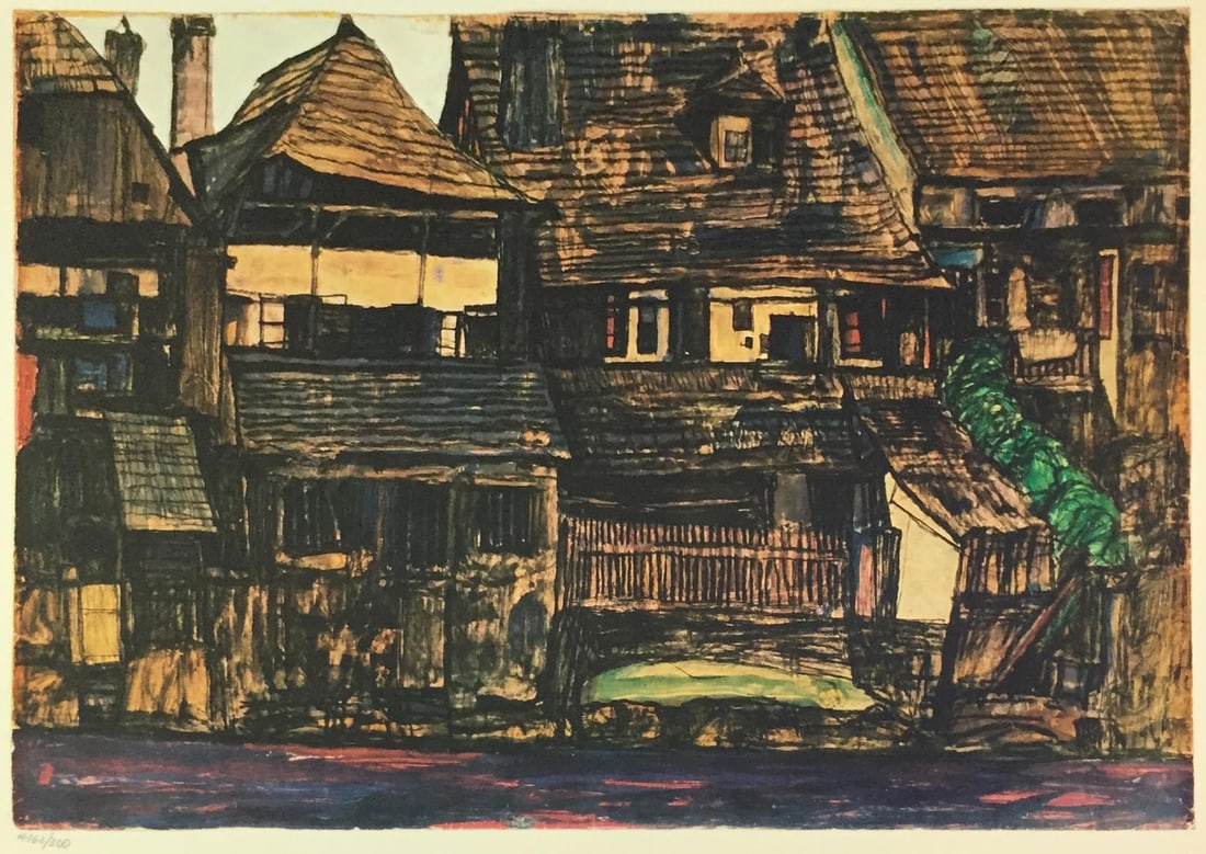 Egon Schiele (After) - Houses in Krumau: Artist: Egon Schiele (After) Title: Houses in Krumau Year: 1969 Dimensions: 19 3/4in. by 14 1/4in. Edition: From the Rare Limited Edition of 300 Publisher: Harr
