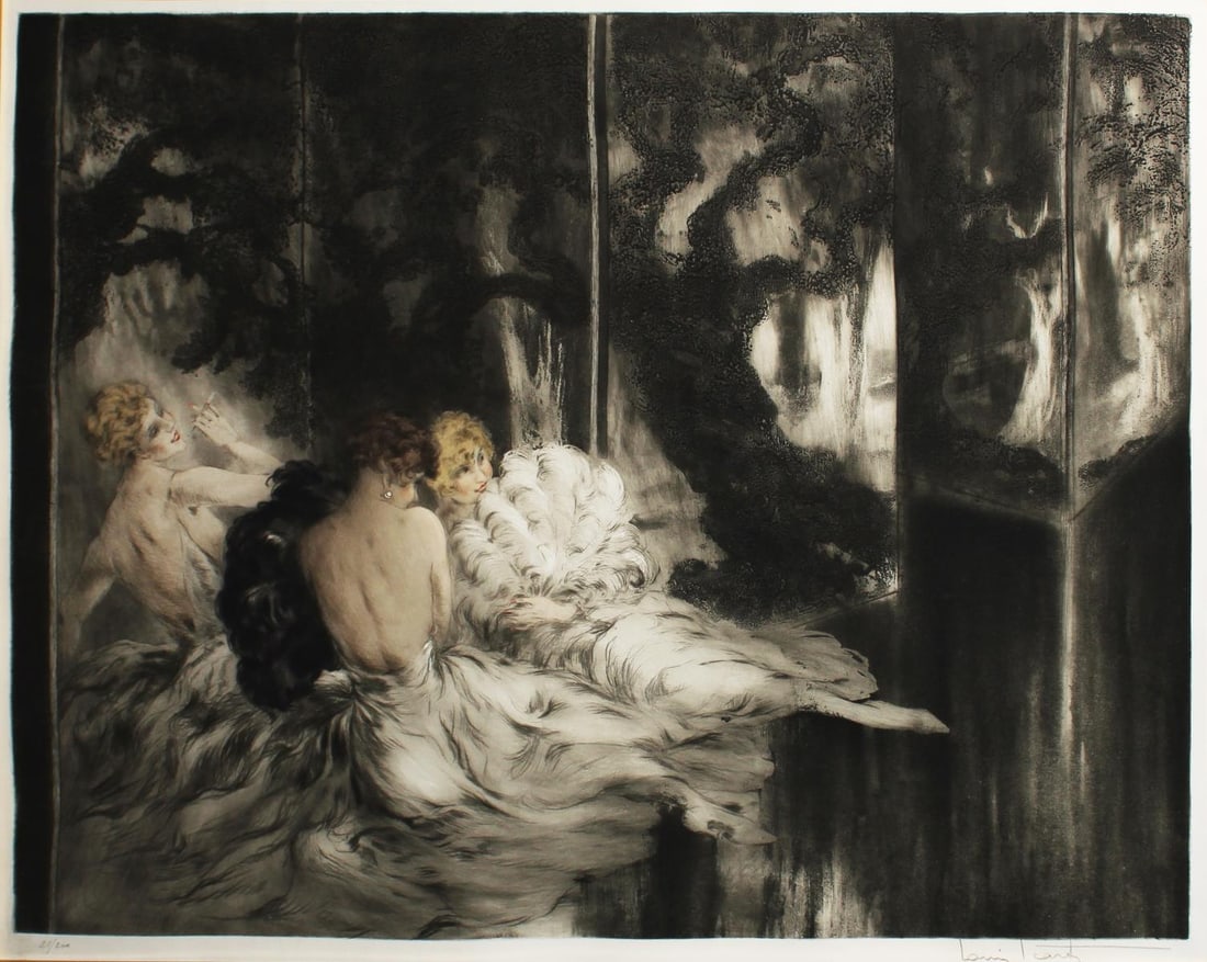 Louis Icart - Anticipation: Artist: Louis Icart Title: Anticipation Dimensions: 21.5in. by 27in. Edition: From the rare limited edition Medium: Original drypoint etching and aquatint with hand watercoloring on pap
