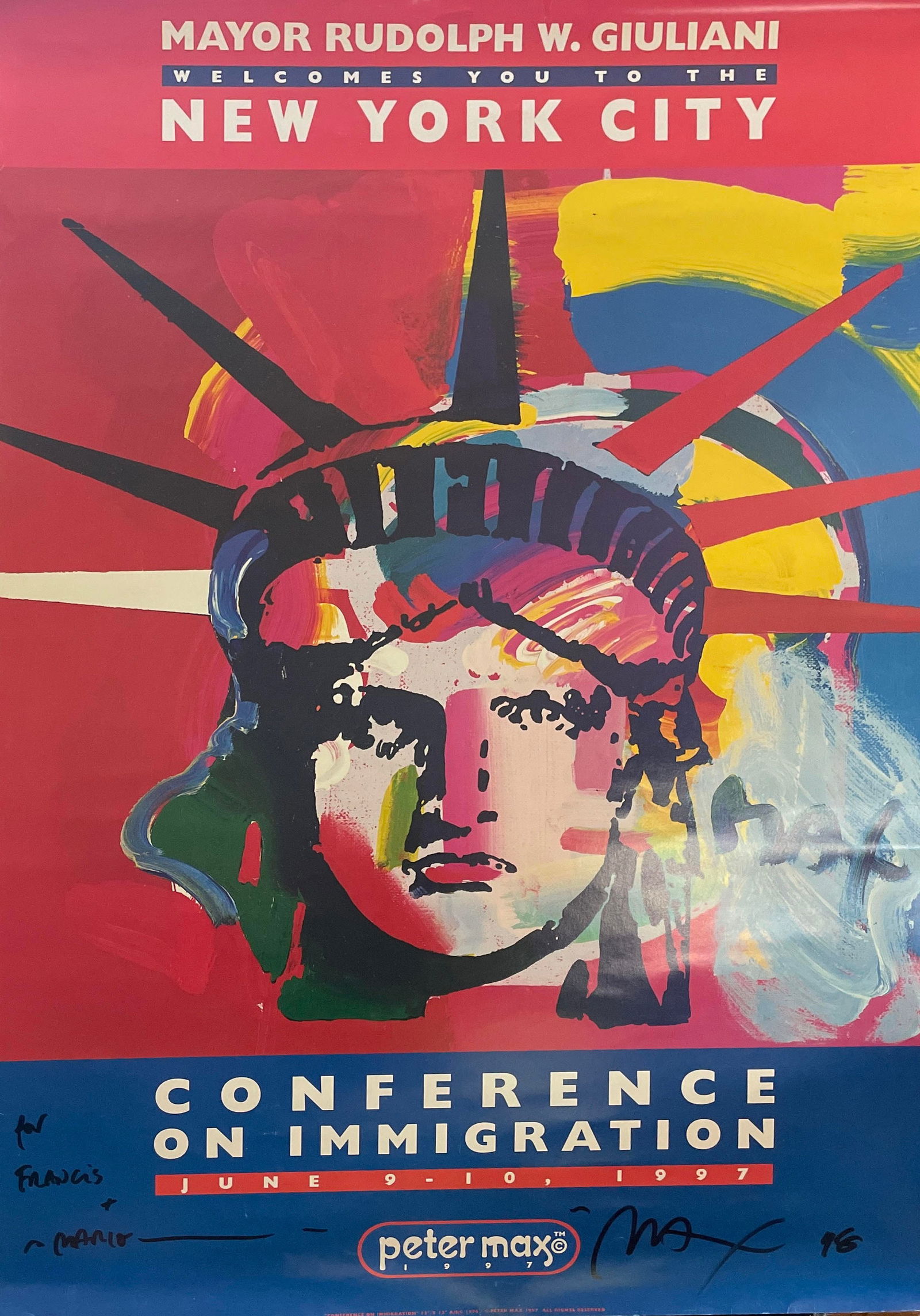 Peter Max - Conference On Immigration: Artist: Peter Max Title: Conference On Immigration Year: 1997 Dimensions: 24 x 36 in. Edition: From a rare limited edition Medium: Offset lithograph