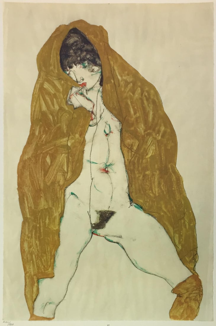 Egon Schiele (After) - Female Nude with Yellow Shawl: Artist: Egon Schiele (After) Title: Female Nude with Yellow Shawl Year: 1969 Dimensions: 19 3/4in. by 14 1/4in. Edition: From the Rare Limited Edition of 300 Publis