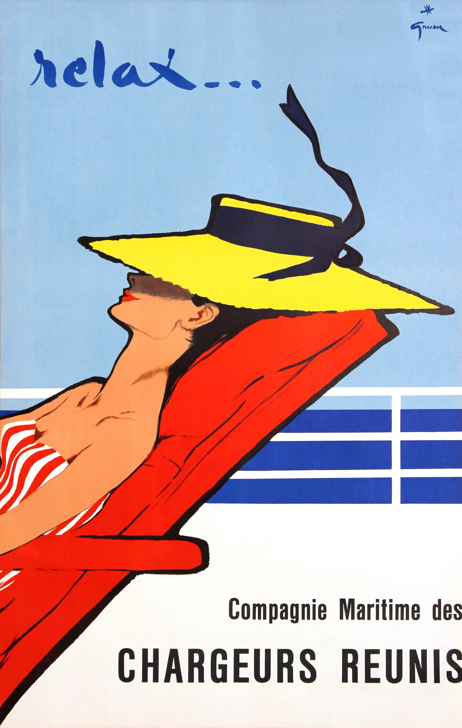 Rene Gruau - Relax: Artist: Rene Gruau Title: Relax Year: 1960 Dimensions: 38 x 24 in. Edition: From the rare limited edition Medium: Original offset lithographic poster on paper</