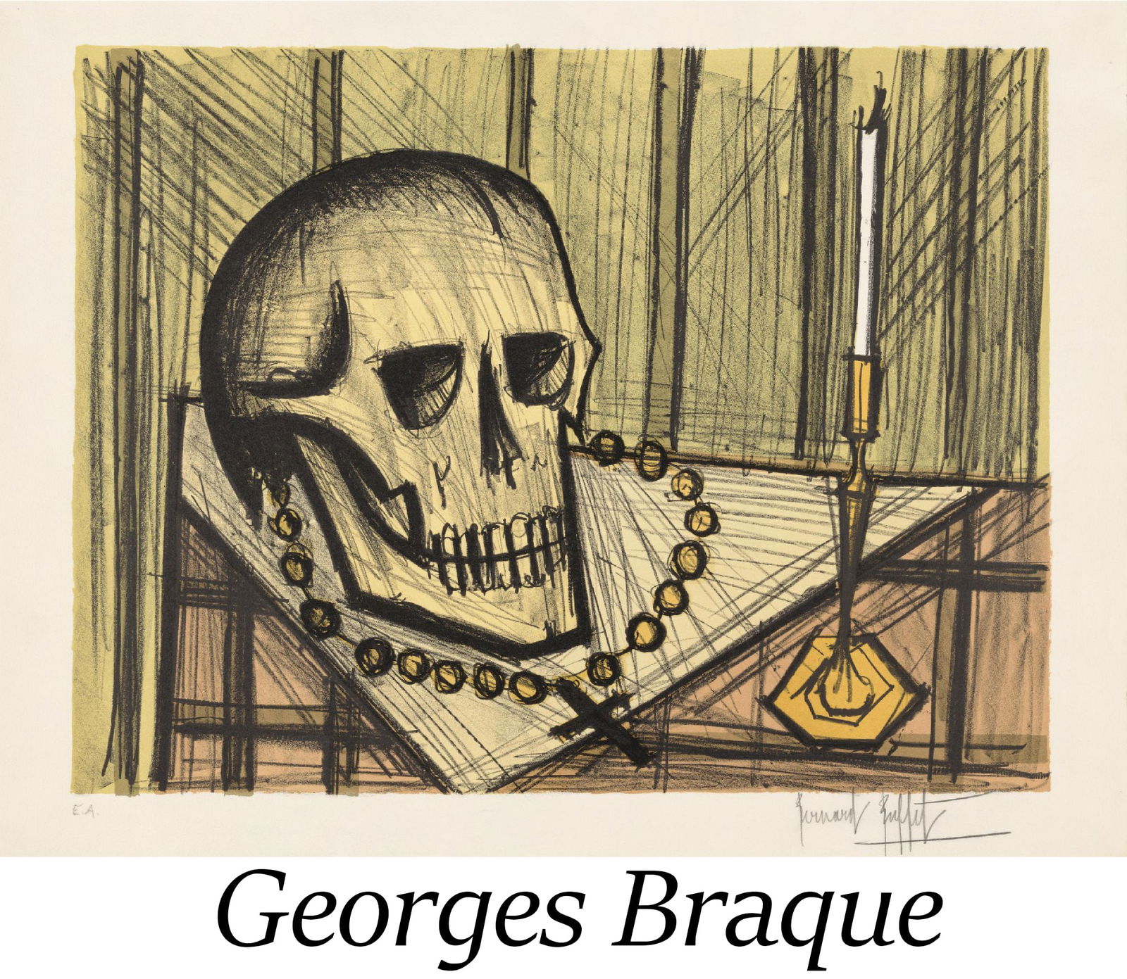 Bernard Buffet - Vanite au Crane (Vanitas): Artist: Bernard Buffet Title: Vanite au Crane (Vanitas) Year: 1955 Dimensions: 22 3/4 x 29 3/4 in. Publisher: Editions Mourlot, Paris Medium: Lithograph in colo