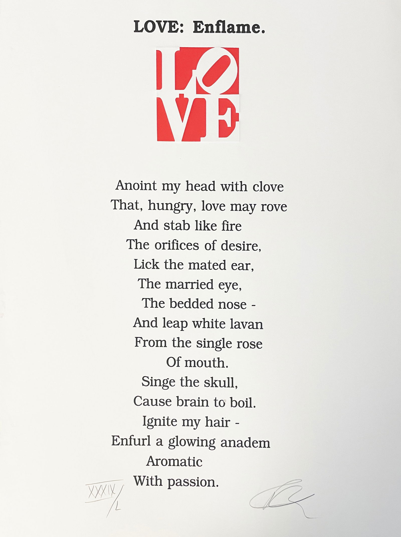 Robert Indiana - Love Poem Anoint My Head: Artist: Robert Indiana Title: Love Poem Anoint My Head Year: 1996 Dimensions: 24in. by 20in. Edition: From the rare limited edition of L Medium: Original lithog