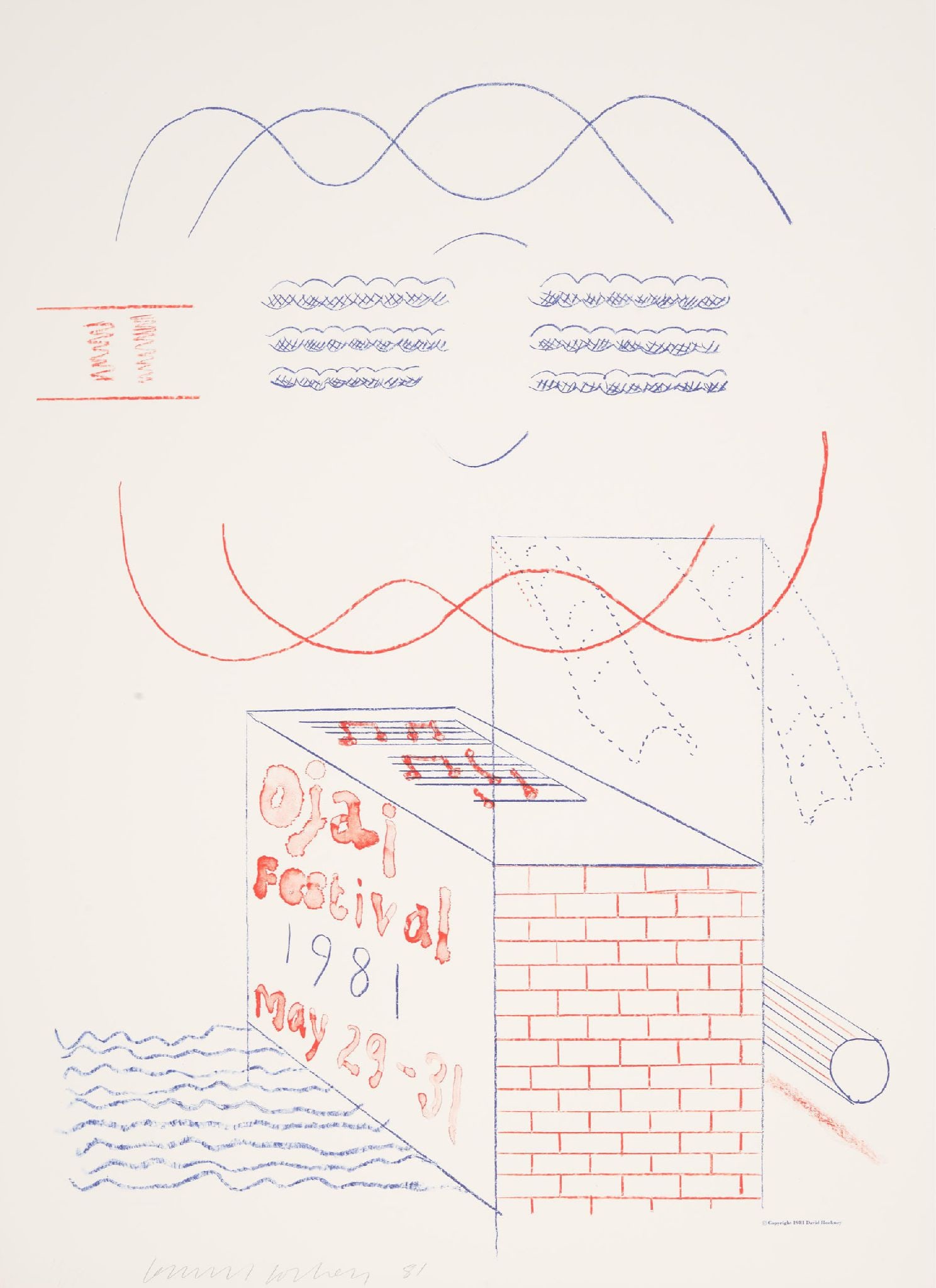 David Hockney - Ojai Festival: Artist: David Hockney Title: Ojai Festival Year: 1981 Dimensions: 30 x 22 in. Edition: from the limited edition Medium: Lithograph in colors on wove paper <