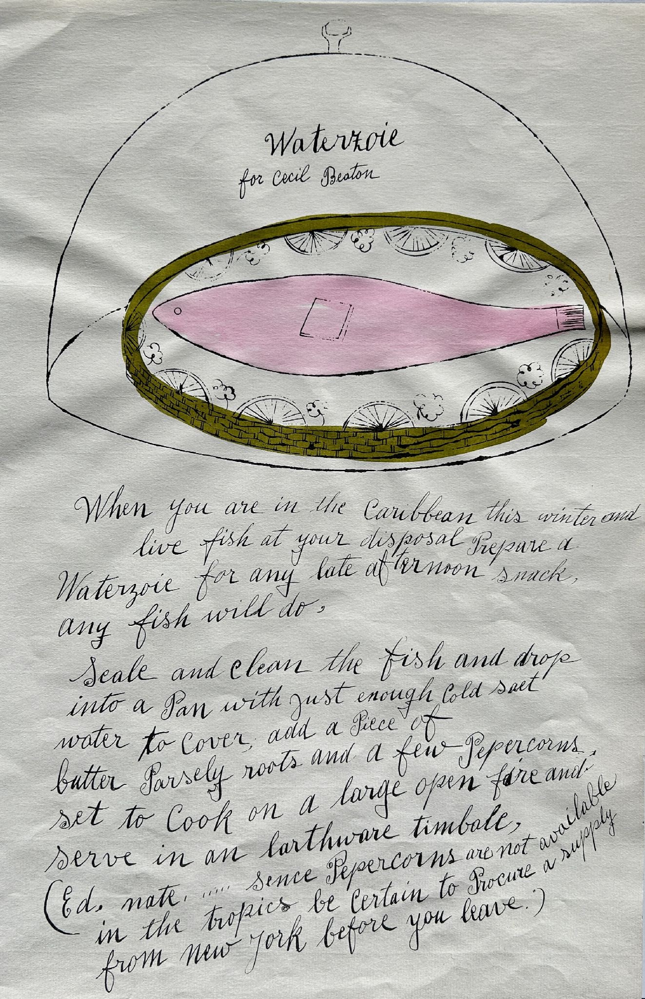 Andy Warhol - Waterzoie for Cecil Beaton(from Wild Raspberries): Artist: Andy Warhol Title: Waterzoie for Cecil Beaton(from Wild Raspberries) Year: 1959 Dimensions: 17 1/2 x 11 1/4 in. Edition: from the limited edition of unknown size <