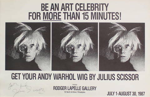 Julius Scissor - Andy Warhol Wig: Artist: Julius Scissor Title: Andy Warhol Wig Year: 1987 Dimensions: 11in. by 17in. Edition: From the Rare Limited Edition Publisher: Rodger Lapelle Gallery Phi